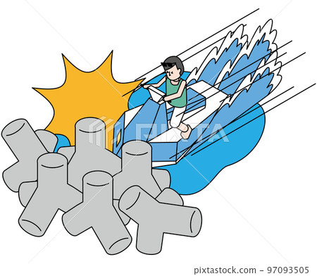 Isometric illustration of a man riding a jet ski and causing a collision Isometric illustration of a man riding a jet ski and causing a collision 97093505