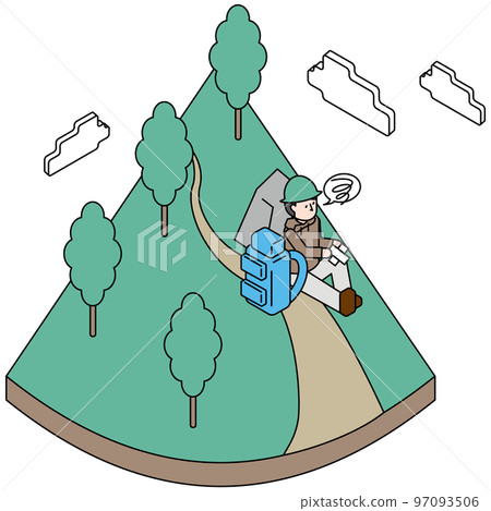 Isometric illustration of a man injured while climbing Isometric illustration of a man injured while climbing 97093506