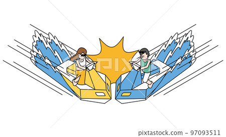 Isometric illustration of a man and a woman who caused a collision accident between jet skis Isometric illustration of a man and a woman who caused a collision accident between jet skis 97093511