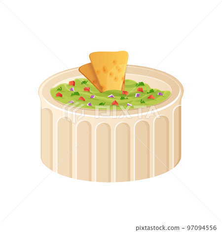 Guacamole bowl for sauce mexican avocado sauce illustration. Latino american food in cartoon style isolated on white 97094556