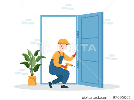 Window and Door Installation Service with Worker for Home Repair and Renovation use Tools in Flat Cartoon Hand Drawn Template Illustration Window and Door Installation Service with Worker for Home Repair and Renovation use Tools in Flat Cartoon Hand Drawn Template Illustration 97095005