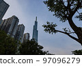 Ho Chi Minh City, Vietnam - November 08, 2022: Night view to the Saigon icon, the landmark 81. The sunset falls at landmark 81, the tallest building in Vietnam. View from central park to the new tower 97096279