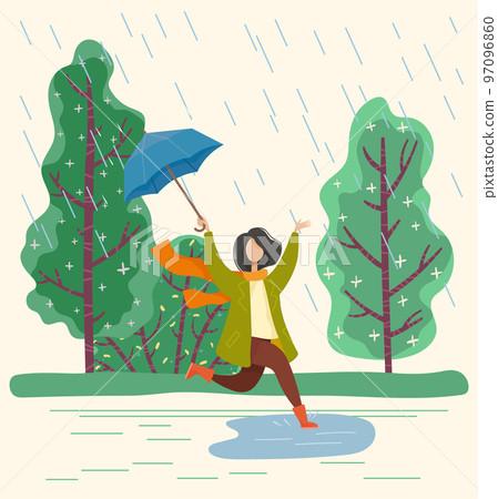 Woman Walking Under Rain and Jumping Into Puddle 97096860