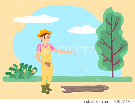 Farmer Sowing Seeds in Soil Farming Woman on Field Farmer Sowing Seeds in Soil Farming Woman on Field 97097175