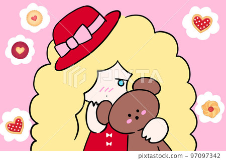 一個可愛的女孩和一隻熊看著你兩個頭的插圖 一個可愛的女孩和一隻熊看著你兩個頭的插圖 97097342