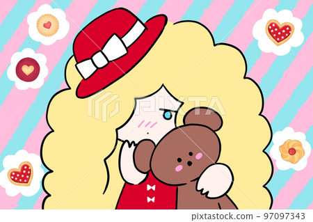 A cute girl and a bear looking at you shyly Illustration two heads A cute girl and a bear looking at you shyly Illustration two heads 97097343