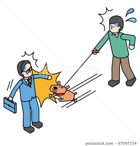 寵物狗跳向路人和驚慌失措的主人的等軸圖 97097354