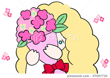一個女孩拿著的花束比她能拿的更多的插圖 97097730