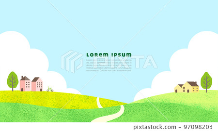 水彩畫草地和藍天的插圖（寬高比 16:9） 97098203