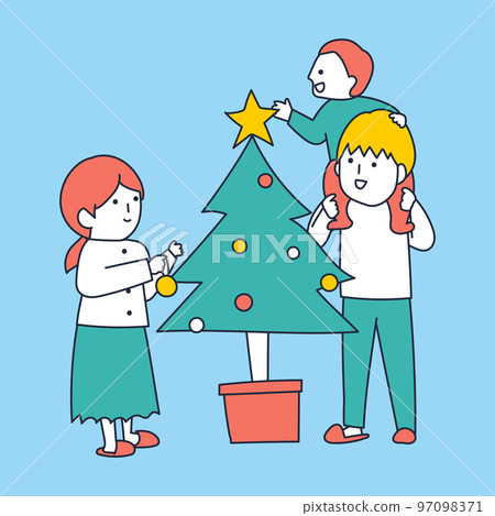 Illustration material of a happy family decorating the Christmas tree Illustration material of a happy family decorating the Christmas tree 97098371