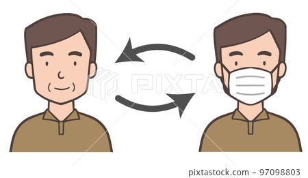 Middle-aged man wearing and removing a mask, uncle 97098803