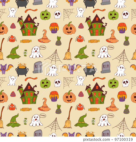Funny halloween seamless pattern: pumpkin, ghost, witch hat, bat, sweets, spider, broom. Trick or treat concept. Vector illustration in hand drawn style Funny halloween seamless pattern: pumpkin, ghost, witch hat, bat, sweets, spider, broom. Trick or treat concept. Vector illustration in hand drawn style 97100319