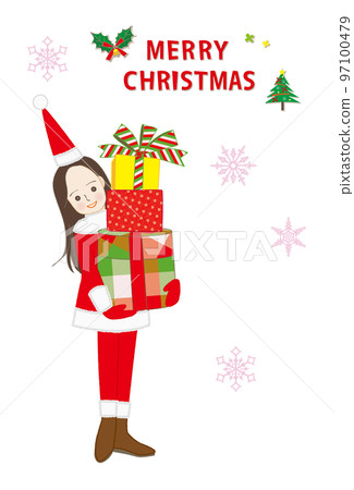 Woman in a Santa Claus costume holding a Christmas gift 97100479