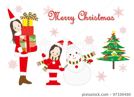 A woman and a girl holding a Christmas gift in a Santa Claus costume 97100480