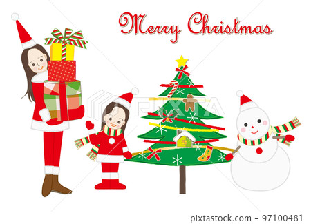 A woman and a girl holding a Christmas gift in a Santa Claus costume 97100481