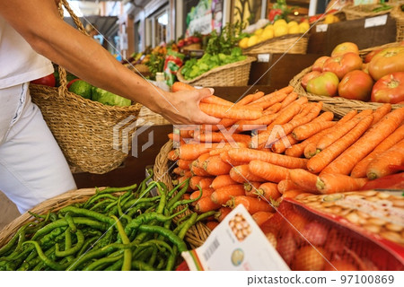 Buying fresh organic produce at the farmers' market. A woman chooses fresh herbs, vegetables and 97100869