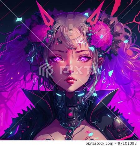 Cyberpunk-style girl with beautiful neon colors - Stock Illustration  [99174420] - PIXTA