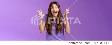 Cheerful surprised happy girl receive unbelievable super prize winning triumphing smiling joyfully shake hands excitement joy celebrating perfect news grinning happily victory purple background 97101115