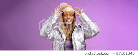 Amazed attractive fascinated young female traveler take off sunglasses check-out stunning perfect view snowy mountains smiling like child impressed satisfied perfect honeymoon trip winter Amazed attractive fascinated young female traveler take off sunglasses check-out stunning perfect view snowy mountains smiling like child impressed satisfied perfect honeymoon trip winter 97101346