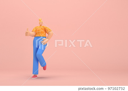 The woman with golden hair tied in a bun wearing blue corduroy pants and Orange T-shirt with white stripes. She is expression of hand when talking. 3d rendering of cartoon character in acting. The woman with golden hair tied in a bun wearing blue corduroy pants and Orange T-shirt with white stripes. She is expression of hand when talking. 3d rendering of cartoon character in acting. 97102732
