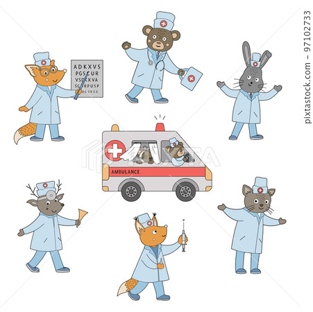 Set of vector animal doctors with ambulance car. Cute funny characters and special emergency transport van. Medical picture for children. Hospital icons isolated on white background 97102733