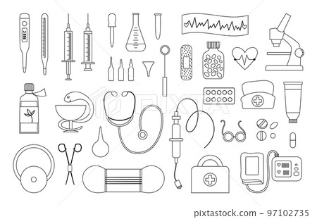 Set of vector flat medical line icons. Medicine or health insurance, research outline collection. Healthcare and laboratory equipment isolated on white background. Health check or treatment clip art Set of vector flat medical line icons. Medicine or health insurance, research outline collection. Healthcare and laboratory equipment isolated on white background. Health check or treatment clip art 97102735