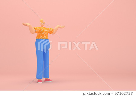 The woman with golden hair tied in a bun wearing blue corduroy pants and Orange T-shirt with white stripes.  She is expression  of hand when talking. 3d rendering of cartoon character in acting. 97102737