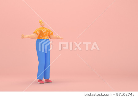 The woman with golden hair tied in a bun wearing blue corduroy pants and Orange T-shirt with white stripes. She is expression of hand when talking. 3d rendering of cartoon character in acting. The woman with golden hair tied in a bun wearing blue corduroy pants and Orange T-shirt with white stripes. She is expression of hand when talking. 3d rendering of cartoon character in acting. 97102743
