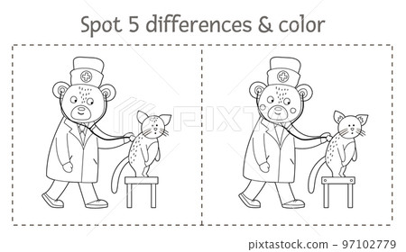 Medical find differences game and coloring page for children. Medicine preschool activity with doctor examining patients lungs. Puzzle with cute funny smiling characters. 97102779