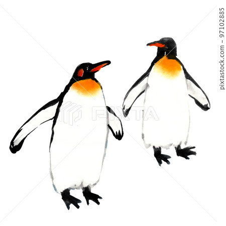 Penguin pair drawn with ink painting technique 97102885