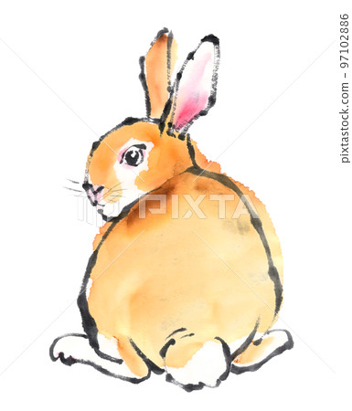 A baby rabbit turning around drawn with ink painting technique 97102886