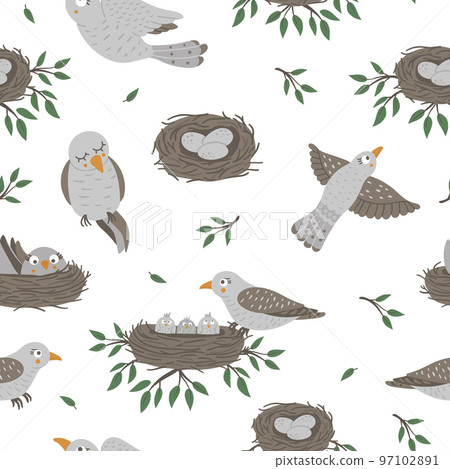 Vector seamless pattern with baby birds and their parents. Funny woodland animal background showing family love. Cute forest animalistic texture for Mothers Day design 97102891