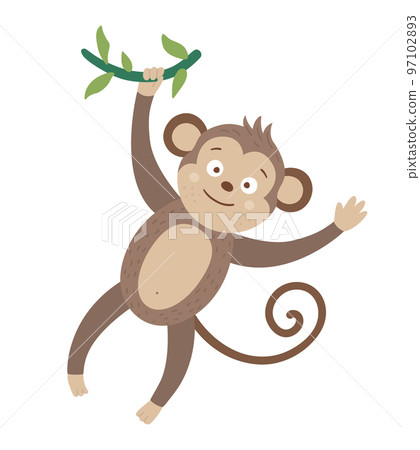 Vector cute monkey hanging on liana isolated on white background. Funny tropical animal illustration. Bright flat picture for children. Jungle summer clip art 97102893