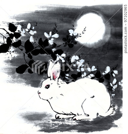 以水墨畫技法繪製的兔子、三葉草和月亮彩紙模型 97102965