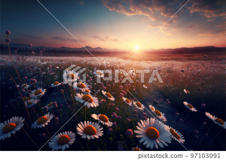 Daisy flowers under the warm yellow sun rays on the meadow in the evening Daisy flowers under the warm yellow sun rays on the meadow in the evening 97103091