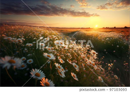 Tender beautiful chamomiles under the sun in the field Tender beautiful chamomiles under the sun in the field 97103093