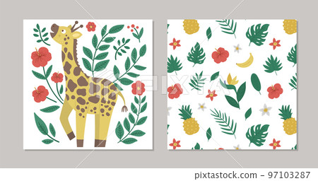 Set of vector summer pre-made designs with tropical animal, plants and flowers. Funny exotic square gift card templates with cute jungle characters. Giraffe with leaves and hibiscus flowers 97103287