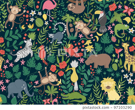 Vector seamless Pattern with cute exotic animals, leaves, flowers, fruits. Funny tropical repeat background with birds and plants. Bright flat illustration for children. Jungle summer texture 97103290