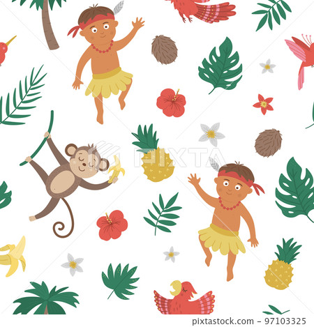 Vector seamless pattern with African or Papuan boy, birds, flowers, fruits, monkey. Cute tropical, jungle, exotic digital paper. Funny summer repeating background Vector seamless pattern with African or Papuan boy, birds, flowers, fruits, monkey. Cute tropical, jungle, exotic digital paper. Funny summer repeating background 97103325