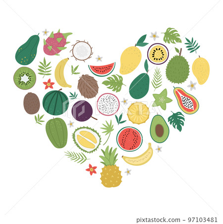 Vector frame with tropical fruit and berries with slices and halves. Jungle foliage banner design framed in heart shape. Cute funny card template with exotic plants. 97103481