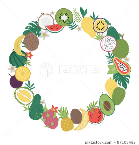 Vector round frame with tropical fruit and berries with slices and halves. Jungle foliage banner design framed in circle. Cute funny card template with exotic plants. Vector round frame with tropical fruit and berries with slices and halves. Jungle foliage banner design framed in circle. Cute funny card template with exotic plants. 97103482