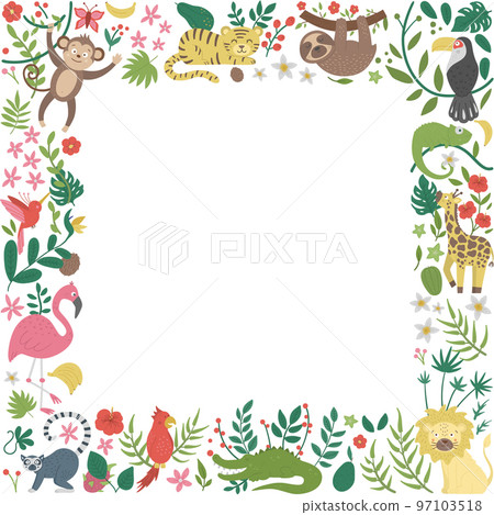 Vector square frame with cute exotic animals, leaves, flowers, fruits isolated on white background. Funny banner design with tropical birds and plants. Jungle summer card template Vector square frame with cute exotic animals, leaves, flowers, fruits isolated on white background. Funny banner design with tropical birds and plants. Jungle summer card template 97103518