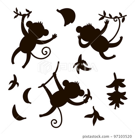 Vector set with cute monkeys and bananas silhouettes isolated on white background. Funny tropical animals and fruit black illustration. Jungle summer shadows for children design 97103520