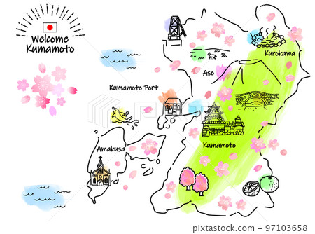 Simple line drawing illustration map of tourist spots in Kumamoto in spring (green) 97103658