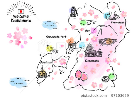 Simple line drawing illustration map of tourist spots in Kumamoto in spring (pink) 97103659