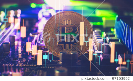 Cryptocurrency concept , Golden bitcoin on winners cup background mainboard , The future of money. Computational equipment. 97103992