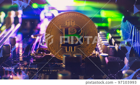 Cryptocurrency concept , Golden bitcoin on winners cup background mainboard , The future of money. Computational equipment. Cryptocurrency concept , Golden bitcoin on winners cup background mainboard , The future of money. Computational equipment. 97103993