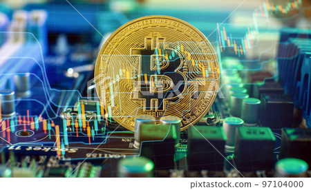 Cryptocurrency concept , Golden bitcoin on winners cup background mainboard , The future of money. Computational equipment. Cryptocurrency concept , Golden bitcoin on winners cup background mainboard , The future of money. Computational equipment. 97104000