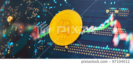 Cryptocurrency concept , Golden bitcoin on winners cup background mainboard , The future of money. Computational equipment. Cryptocurrency concept , Golden bitcoin on winners cup background mainboard , The future of money. Computational equipment. 97104012