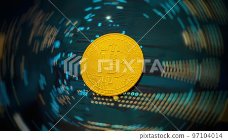 Cryptocurrency concept , Golden bitcoin on winners cup background mainboard , The future of money. Computational equipment. Cryptocurrency concept , Golden bitcoin on winners cup background mainboard , The future of money. Computational equipment. 97104014